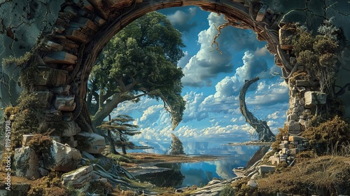 Create a surreal illustration of a mirror world where reality is reflected in reverse photo