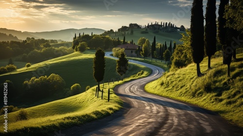 A winding road snakes through a vibrant green valley, enveloped by a canopy of trees, creating a picturesque natural landscape