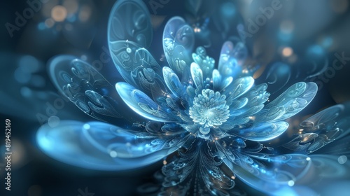 Illuminated by ethereal light, a fractal flower blossoms, its intricate patterns shimmering with a serene azure glow. © peerawat