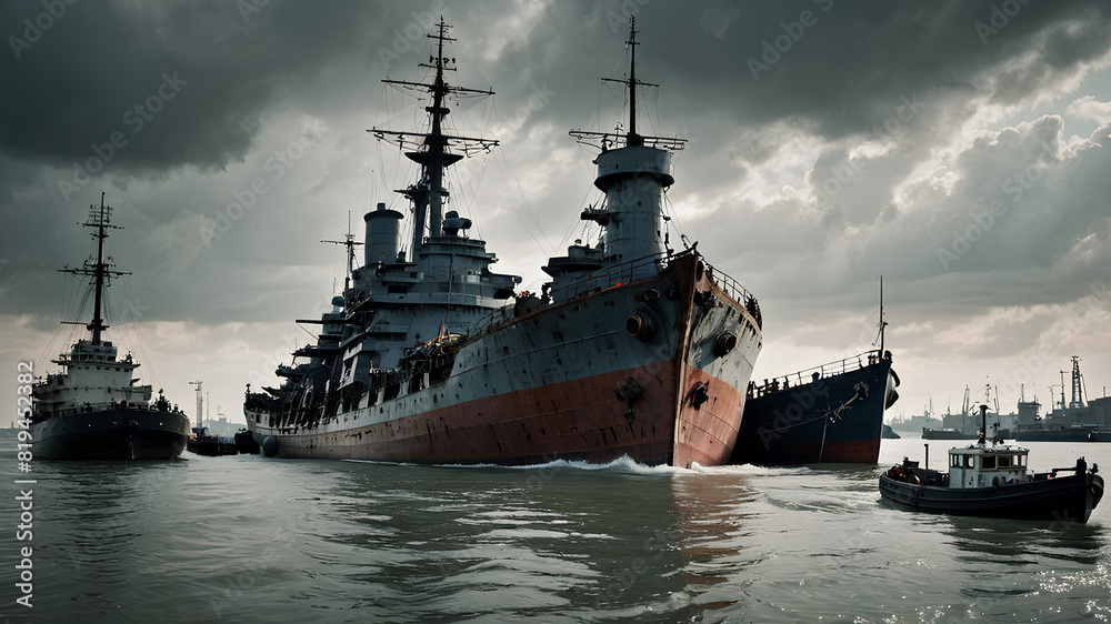 AI image generate of a warship being towed by a tug boat AI image generate of a warship being towed by a tug boat