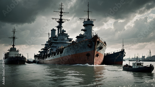 AI image generate of a warship being towed by a tug boat