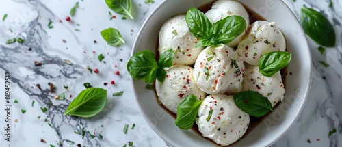 Elegant Marble Background with Mozzarella, Basil, and Balsamic Vinegar