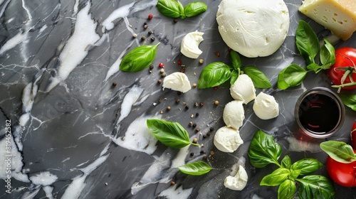 Elegant Marble Background with Mozzarella, Basil, and Balsamic Vinegar