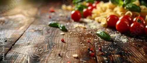 Rustic Wooden Background with Fresh Pasta, Tomatoes, Basil, and Parmesan Cheese