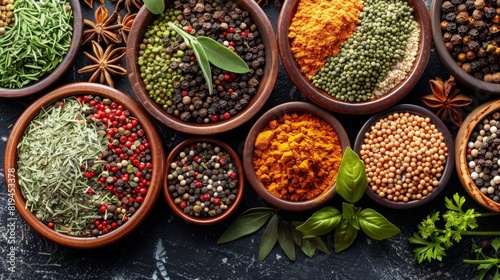 Colorful Herbs and Spices on Dark Background  