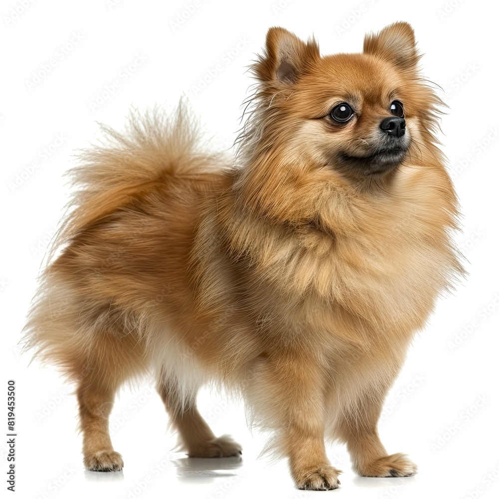 Pomeranian, looking sideways and diagonally forward, full body, white background 