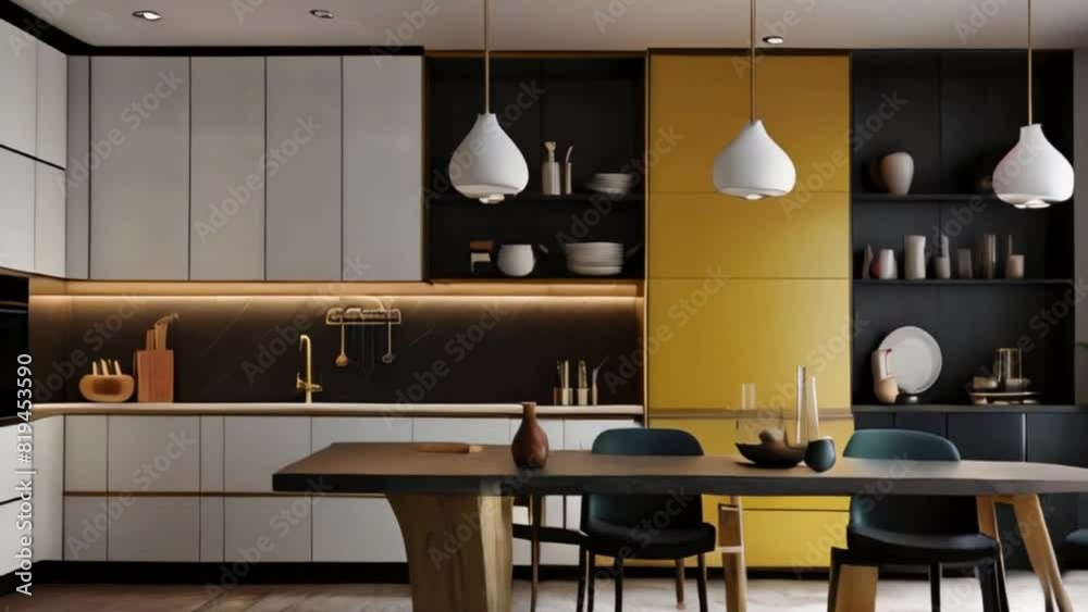 A modern kitchen with a yellow and black color scheme. The kitchen has a large wooden table with chairs around it, and a potted plant on the counter A modern kitchen with a yellow and black color scheme. The kitchen has a large wooden table with chairs around it, and a potted plant on the counter