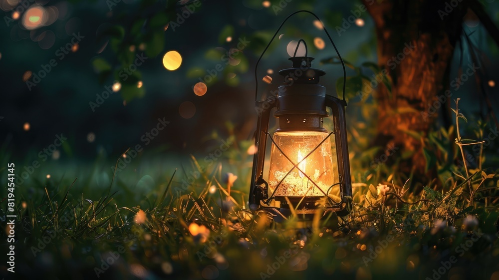Lantern glowing in lush, magical forest setting at dusk with fireflies