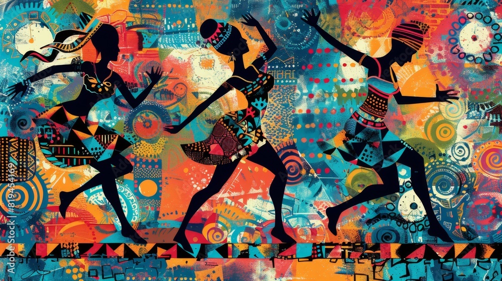 Fototapeta premium African People Dancing in Ethnic Abstract Tribal Pattern