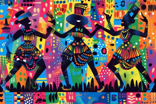 African People Dancing in Ethnic Abstract Tribal Pattern

