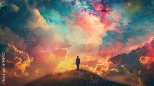 Lone figure stands on hill under colorful, surreal sky