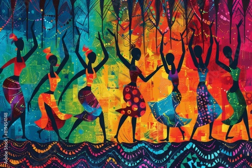 African People Dancing in Ethnic Abstract Tribal Pattern