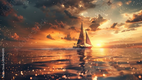 Sailing boat during sunset with golden reflections on water © Татьяна Макарова