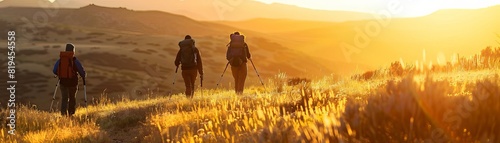 Golden Hour Hikes Take advantage of the soft, warm light of sunrise or sunset to capture hikers bathed in golden sunlight, casting long shadows against the landscape photo