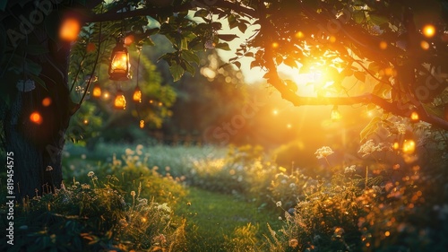Enchanted garden with hanging lanterns and glowing fireflies