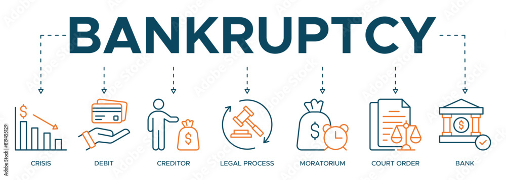 Bankruptcy banner web icon vector illustration concept with icon of crisis, debt, creditor, legal process, moratorium, court order, and bank Bankruptcy banner web icon vector illustration concept with icon of crisis, debt, creditor, legal process, moratorium, court order, and bank