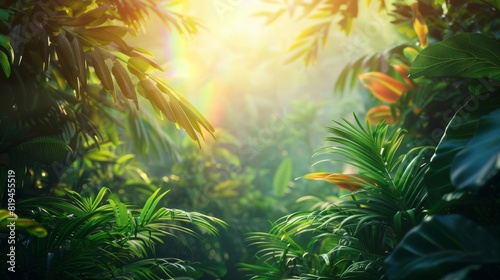 Tropical jungle scene with dense foliage and rainbow elements around the edges  central area left blank for text