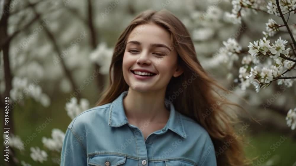A woman with long hair is smiling in a field of white flowers. Concept of happiness and joy, as the woman is enjoying the beauty of nature A woman with long hair is smiling in a field of white flowers. Concept of happiness and joy, as the woman is enjoying the beauty of nature