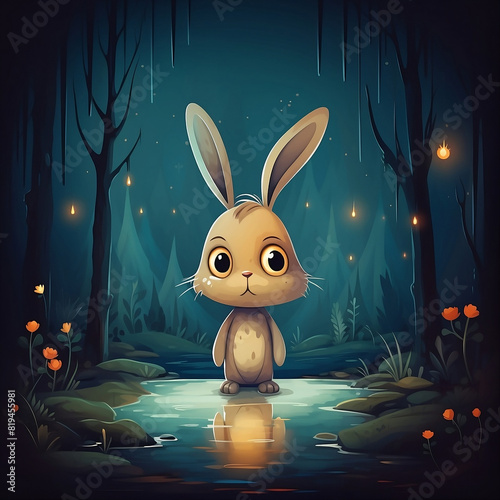 little rabbit with sad face at night in the forest
