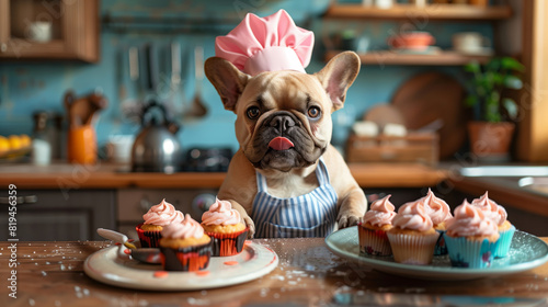 A French Bulldog dressed in a miniature chef's hat and apron stands proudly on its hind legs
