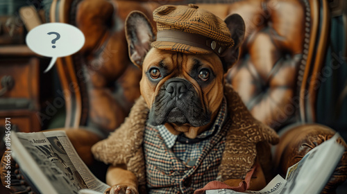 A French Bulldog wearing a detective hat and magnifying glass sits on a plush armchair, surrounded by scattered newspapers and clues.