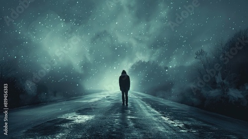 Person walking alone on dark, snowy road under starry sky © Татьяна Макарова