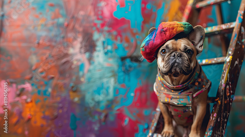 A French Bulldog wearing a painter's beret and smock stands on a ladder in front of a large canvas.  photo