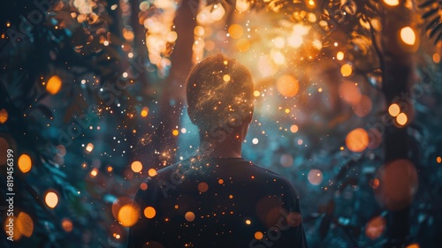 Silhouette of person with glowing orbs in forest, evoking mystical atmosphere photo