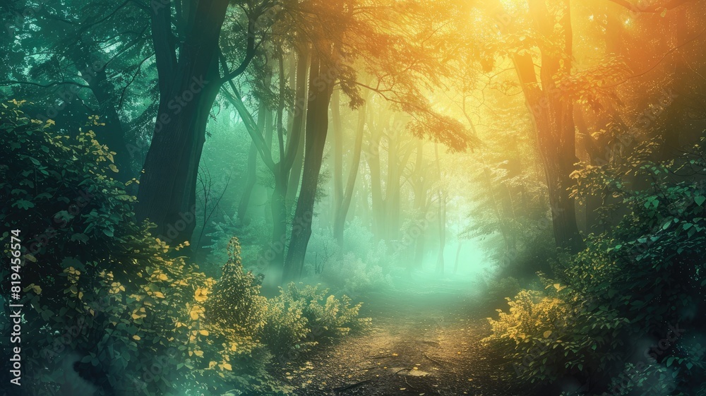 Enchanting forest path with mystical lighting and lush trees