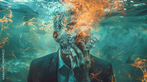 Man underwater with flames around, creating surreal imagery photo