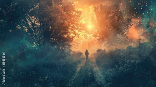 Silhouetted human in mystical forest at twilight under vibrant sunset sky