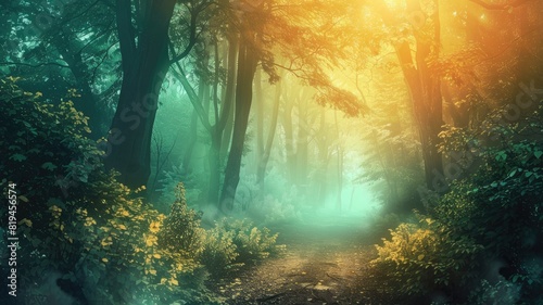 Enchanting forest path with mystical lighting and lush trees © Татьяна Макарова
