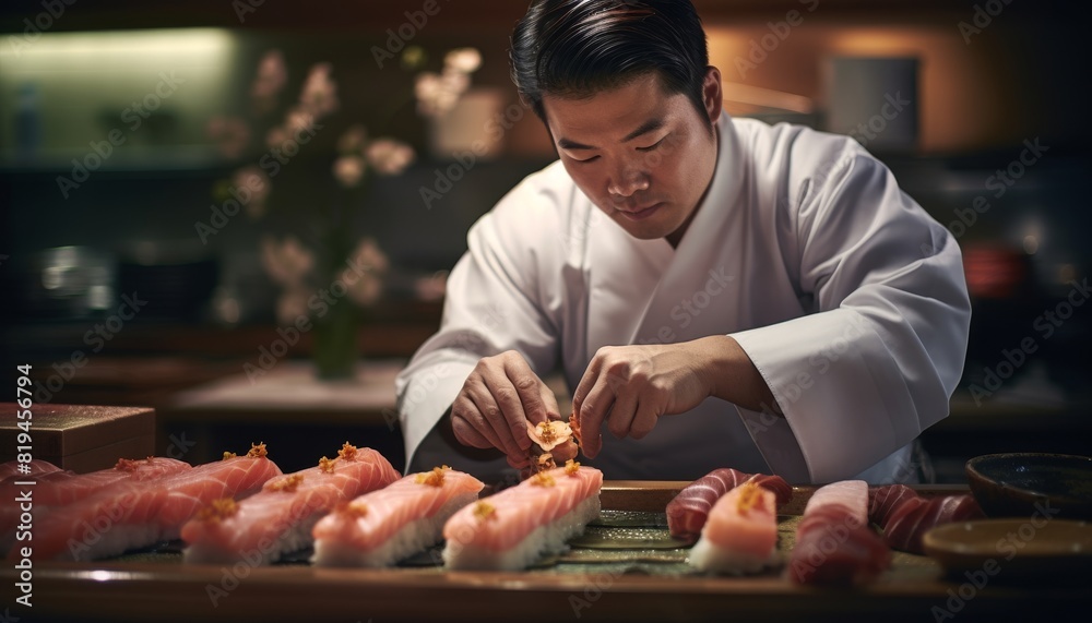 A sushi chef is carefully preparing a plate of sushi. He is using fresh, high-quality ingredients and taking great care to ensure that each piece of sushi is perfect.