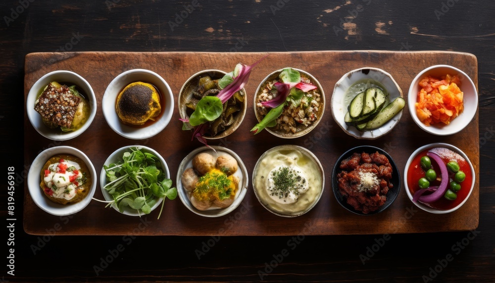 A wooden board with 10 bowls of different types of food. A wooden board with 10 bowls of different types of food.