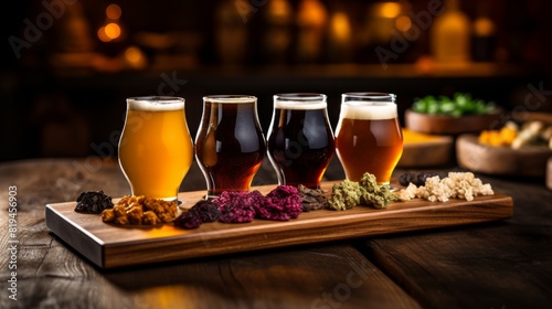 A wooden flight board with four different beers and garnishes on a wooden table in a bar or restaurant.