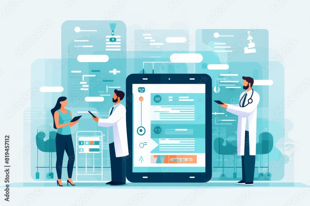 Medical professionals using a giant tablet to view patient safety ratings. Medical professionals using a giant tablet to view patient safety ratings.