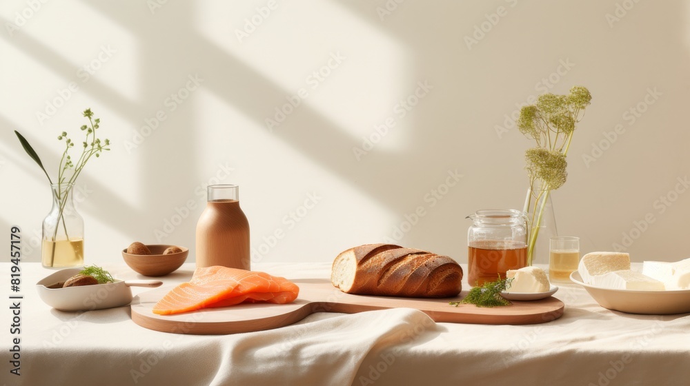 Scandinavian breakfast with salmon, rye bread and fresh herbs on a light table. Scandinavian breakfast with salmon, rye bread and fresh herbs on a light table.