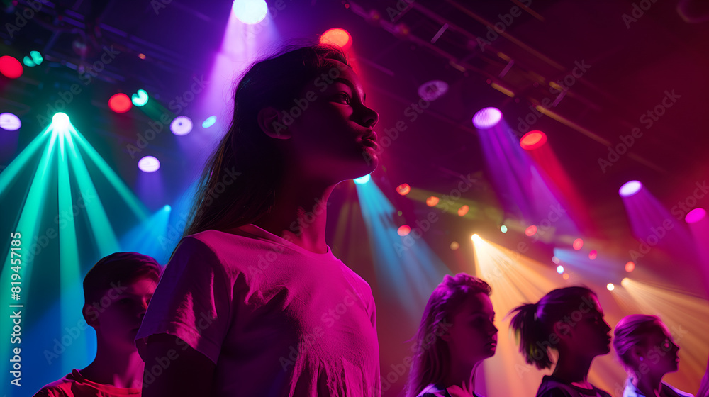 students performing in a music class recital with colorful stage lights students performing in a music class recital with colorful stage lights