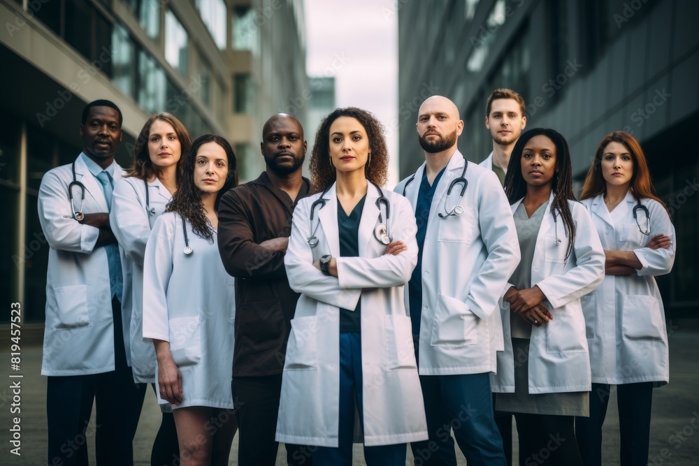 A group of diverse doctors in white coats are standing together outside of a hospital. They are all looking at the camera with serious expressions. A group of diverse doctors in white coats are standing together outside of a hospital. They are all looking at the camera with serious expressions.