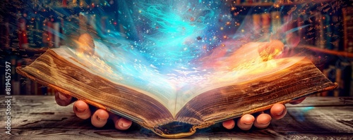 Mystical book emitting magical light held by hands, symbolizing knowledge, power, and enchantment in a library setting photo