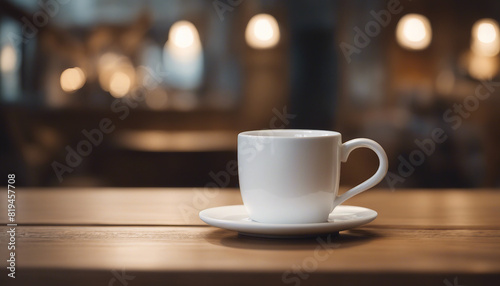 Plain White Coffee Mug on Wooden Table in Cozy Coffee Shop