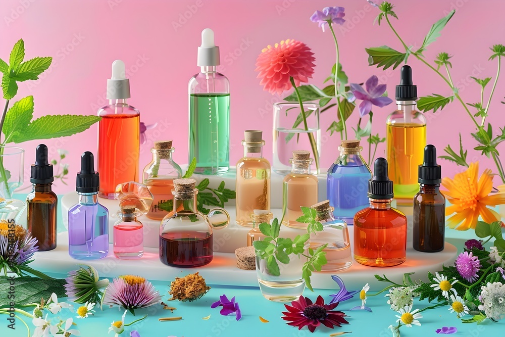 A table full of various colored bottles and vials of different scents, including lavender, rose, and peppermint A table full of various colored bottles and vials of different scents, including lavender, rose, and peppermint
