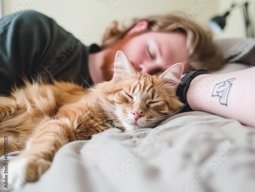 Peaceful scene of a man and his cat napping together on a bed, showcasing the bond between humans and pets. photo