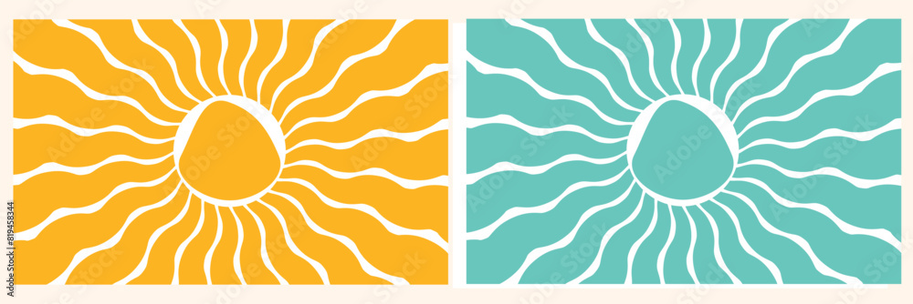 © Pixel Paradise - Groovy retro abstract sun backgrounds. Organic doodle shapes in trendy naive hippie 60s 70s style. Contemporary poster print banner template. HorizontalWavy vector illustration in yellow colors.