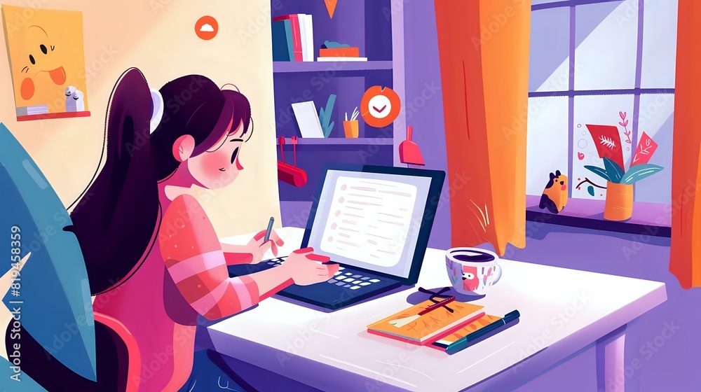 Blogger's Digital Realm: Woman at Laptop with Books and Emoji Blogger's Digital Realm: Woman at Laptop with Books and Emoji