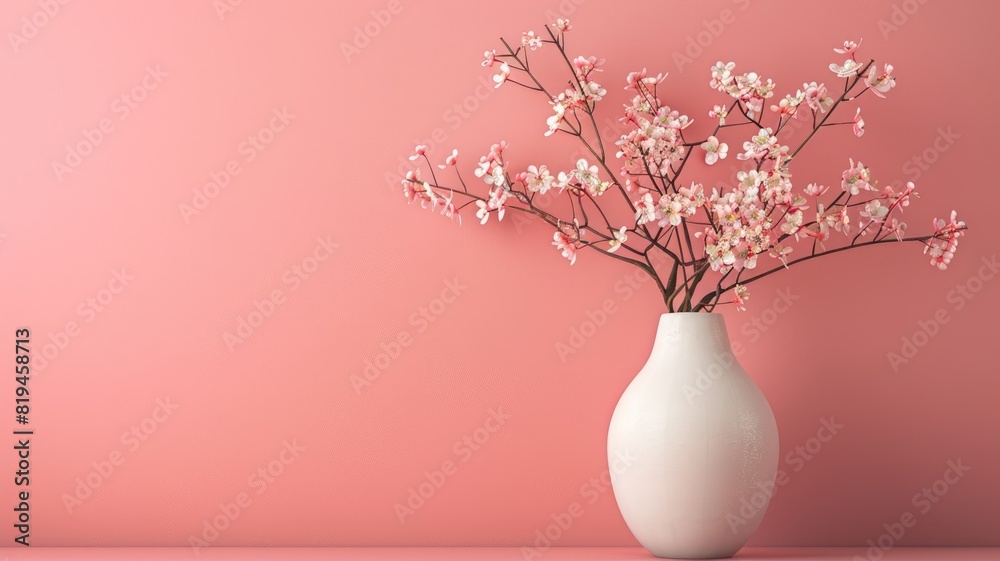 Minimalist pink background with white vase holding cherry blossom branches Minimalist pink background with white vase holding cherry blossom branches