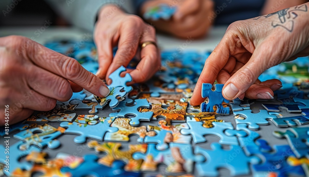 Close-up of multiple hands piecing together a colorful jigsaw puzzle, representing teamwork, collaboration, and entertainment. Close-up of multiple hands piecing together a colorful jigsaw puzzle, representing teamwork, collaboration, and entertainment.