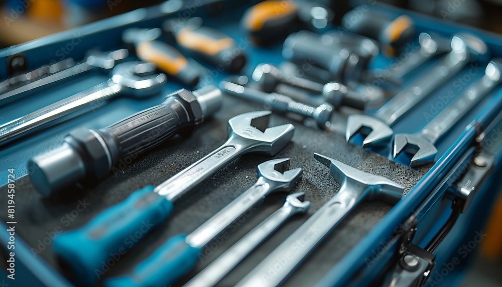 Close-up of various tools arranged in a toolbox. Perfect for construction, DIY projects, and handyman services. Close-up of various tools arranged in a toolbox. Perfect for construction, DIY projects, and handyman services.