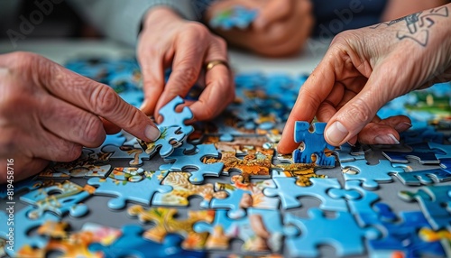 Close-up of multiple hands piecing together a colorful jigsaw puzzle  representing teamwork  collaboration  and entertainment.