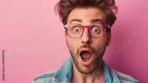 Surprised young Caucasian man with glasses against pink background photo